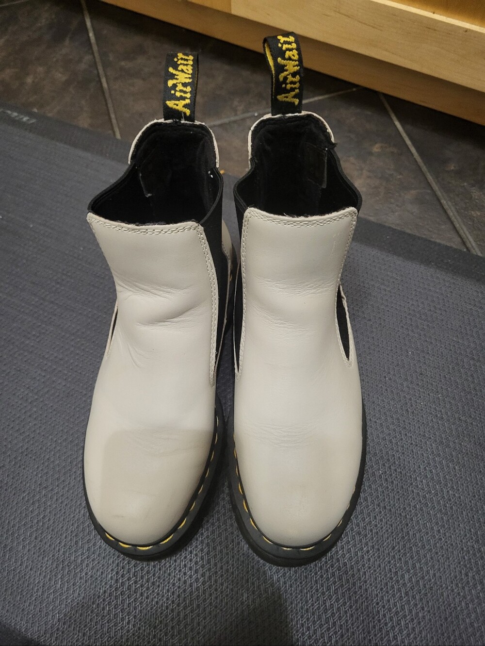 Dr. Martens White Chelsea Boots with Black Soles and Yellow Stitching